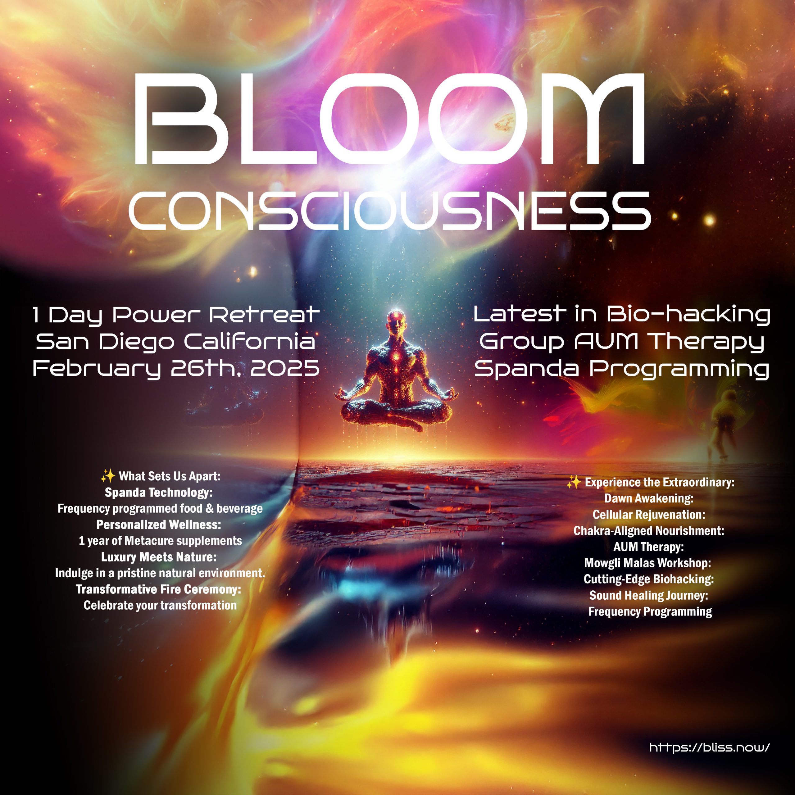 Event Poster for Bliss Now's "Bloom Consciousness" Event on February 26th, 2025